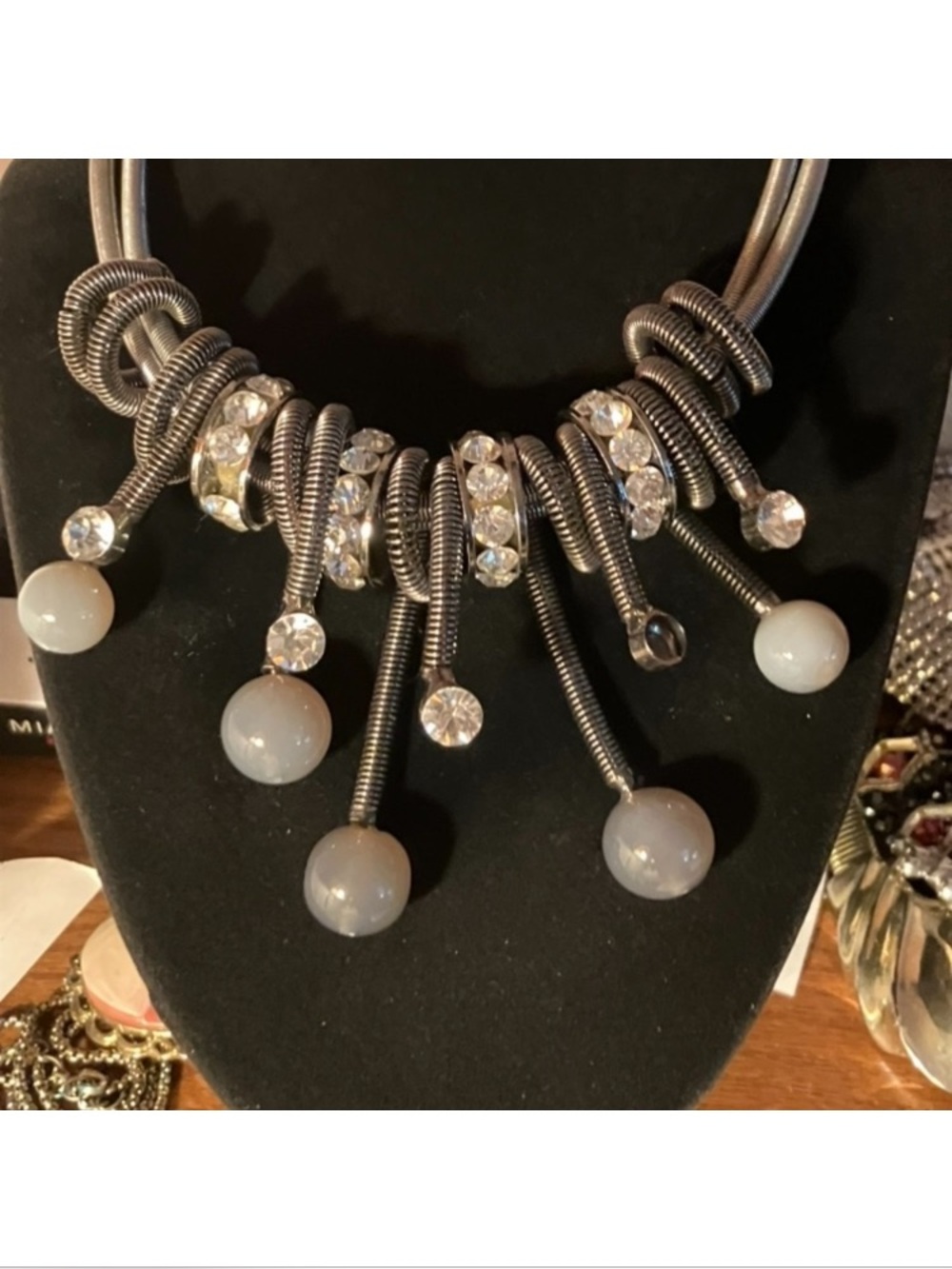New Statement Grey Bead & Crystal Pendant Necklace